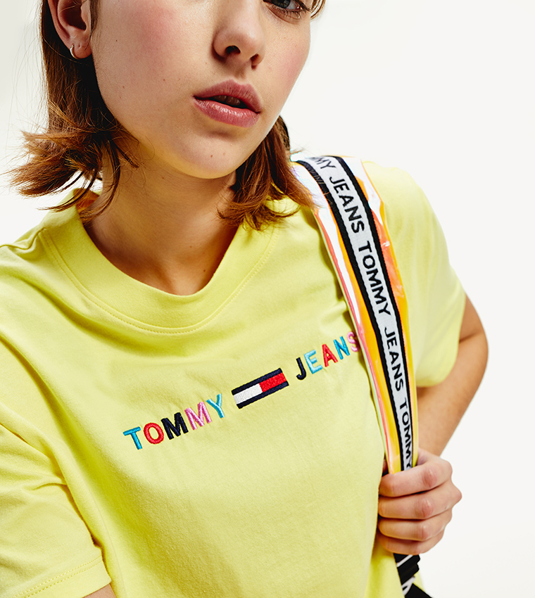 Buy Tommy Hilfiger Colour Blocked Logo Cropped Fit T Shirt In