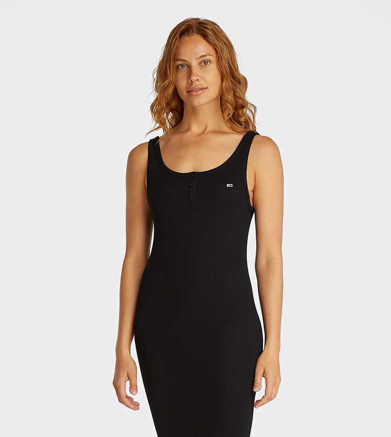 Logo Detail Ribbed Button Tank Dress