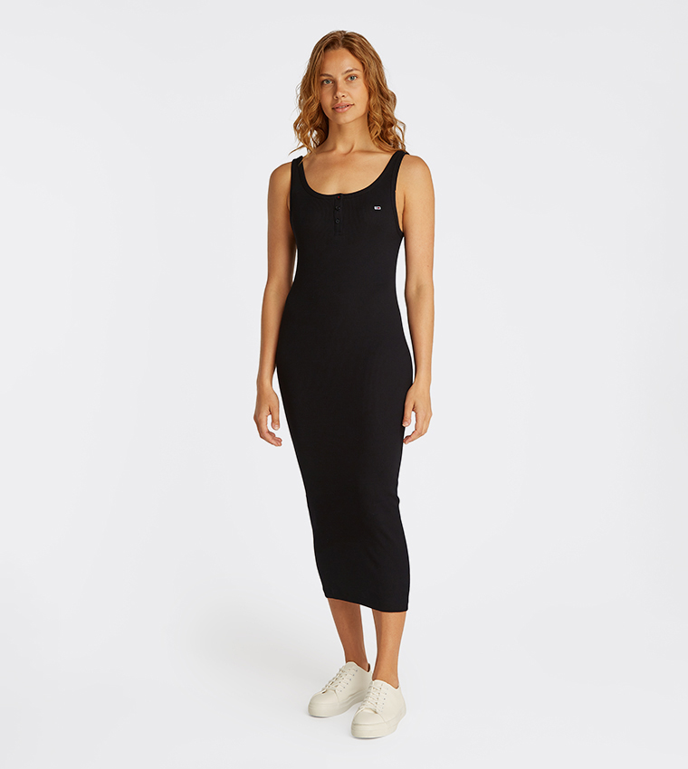 Logo Detail Ribbed Button Tank Dress