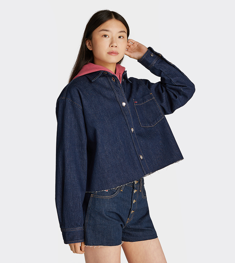 Logo Printed Cropped Denim Shacket