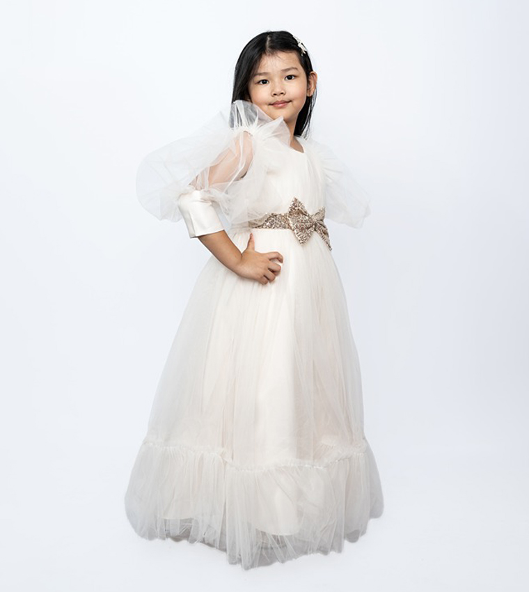 Bow Detailed Puff Sleeves Tulle Gown