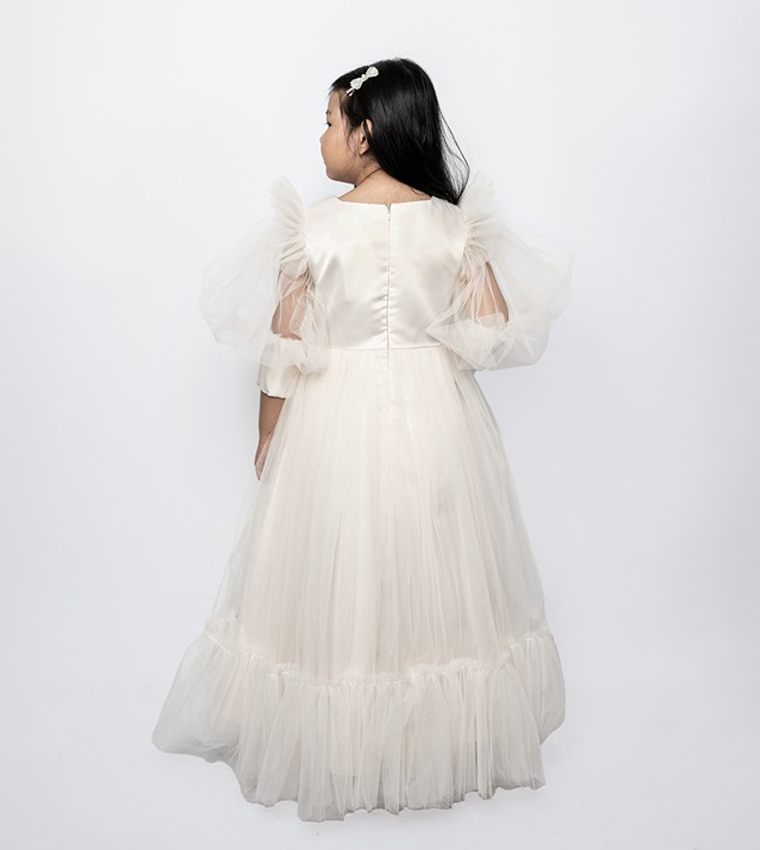 Bow Detailed Puff Sleeves Tulle Gown