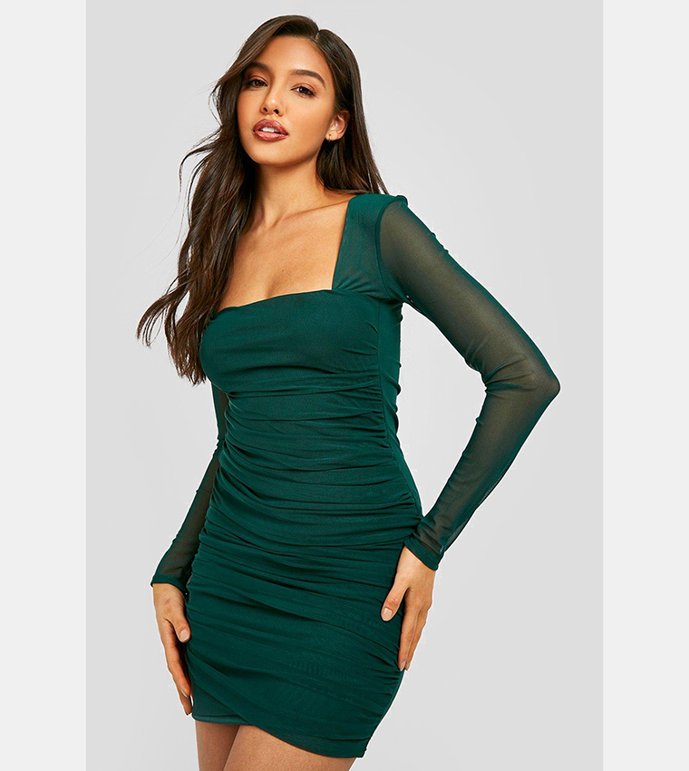 Buy Boohoo Square Neck Ruched Mesh Bodycon Dress In Green