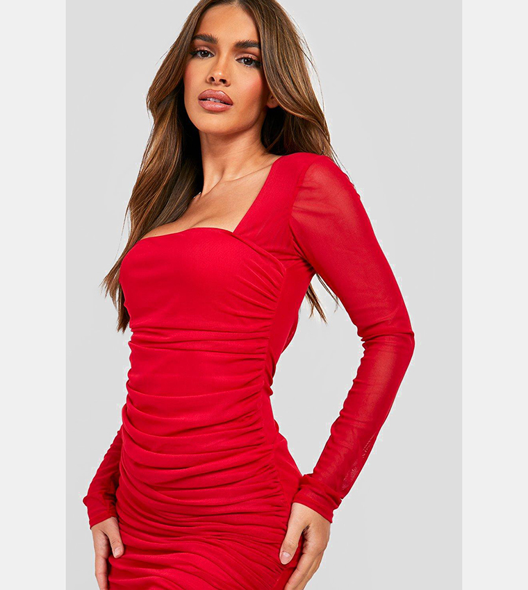 Square neck ruched mesh bodycon dress online