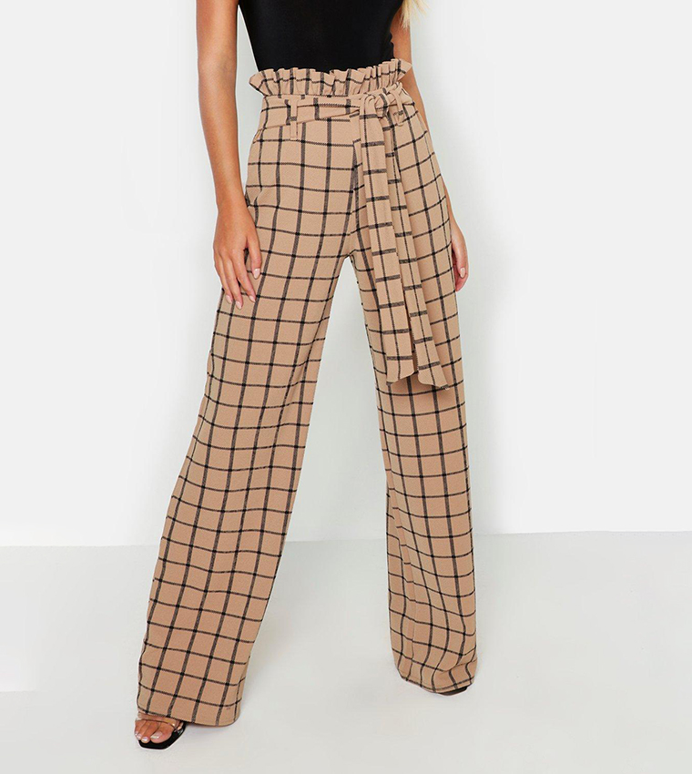 Buy Boohoo Paper Bag Waist Checked Wide Leg Trousers In Black | 6thStreet  UAE
