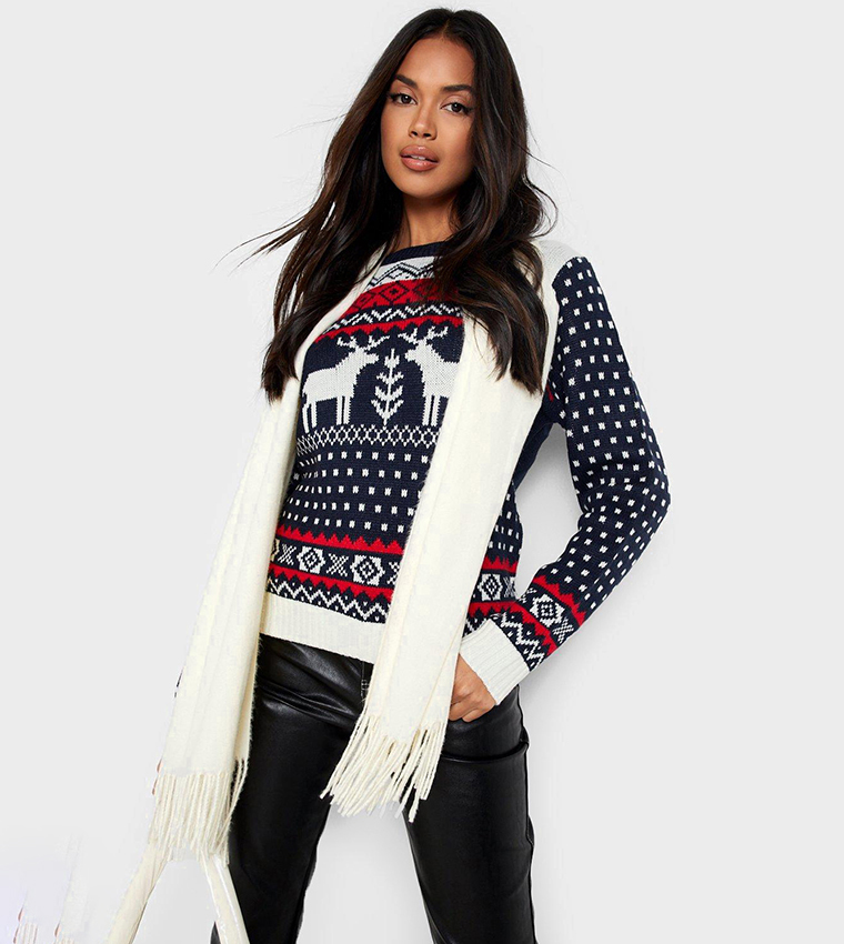 Buy Boohoo Aztec Fairisle Reindeer Christmas Sweater In Navy 6thStreet Kuwait