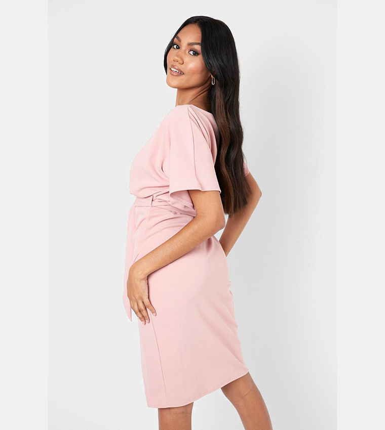 Slash Neck Tie Waist Midi Dress