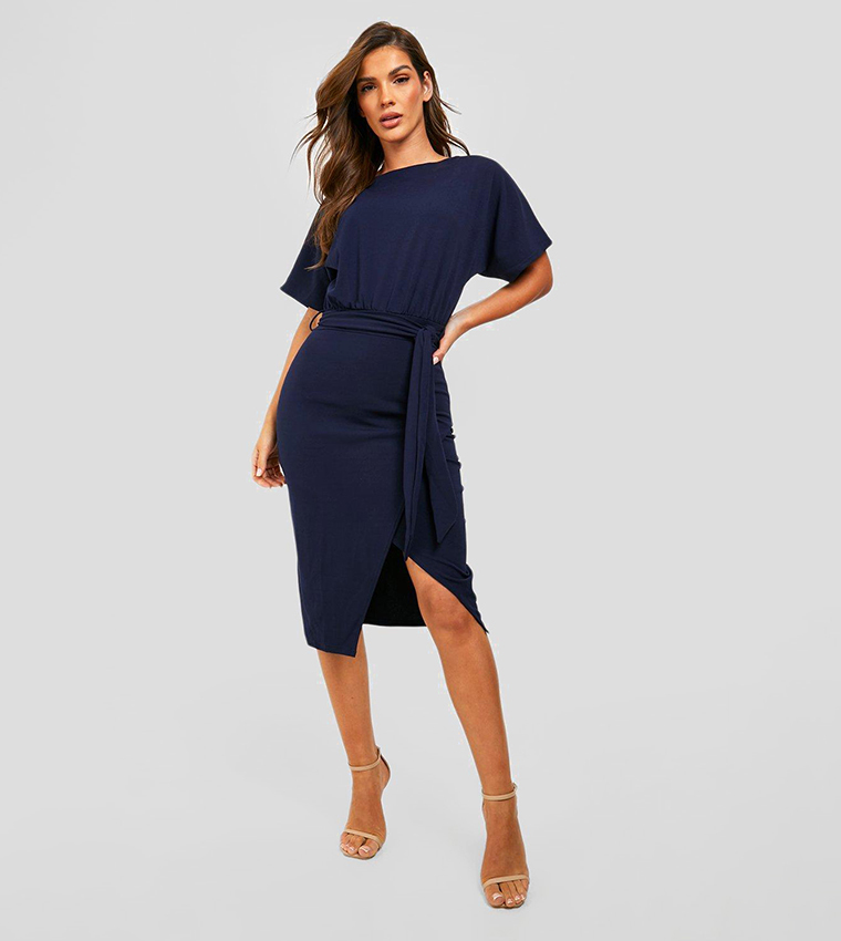 Buy Boohoo Slash Neck Tie Waist Midi Dress In Navy