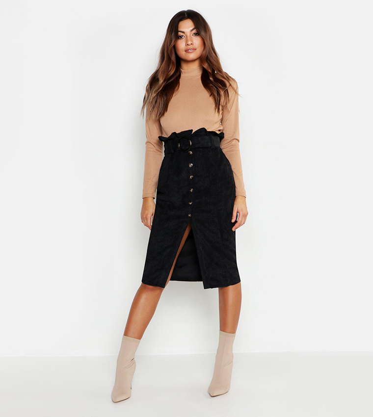 Buy Boohoo Cord Paperbag Button Midi Skirt In Black 6thStreet Kuwait