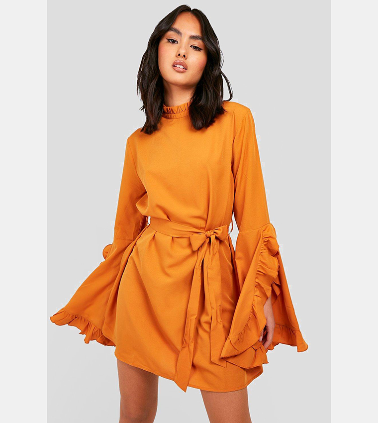 Buy Boohoo High Neck Wide Sleeves Shift Dress In Yellow