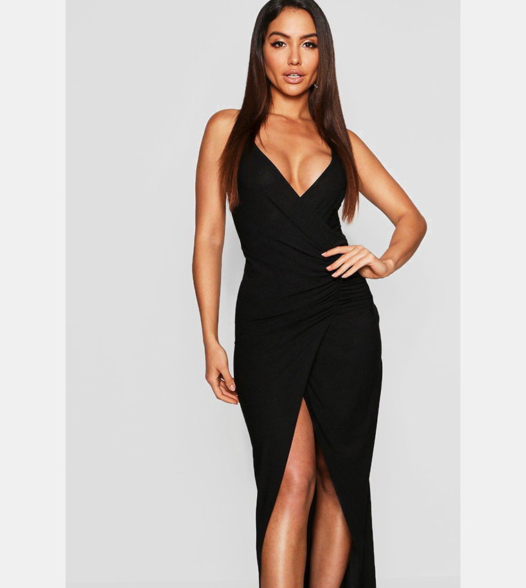 Black plunge clearance wrap dress