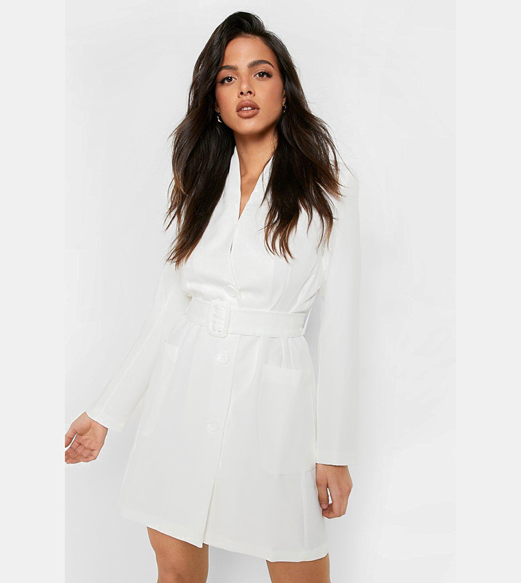 Buy Boohoo Belted Pocket Detail Blazer Dress In White 6thStreet Qatar