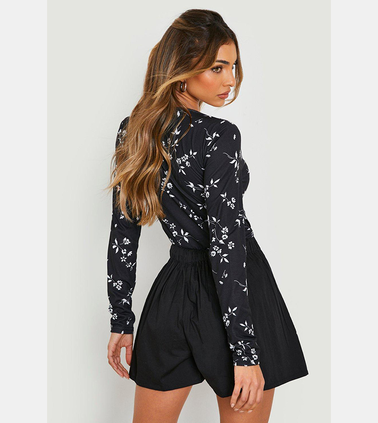 Black V Neck Bodysuit with Floral Design