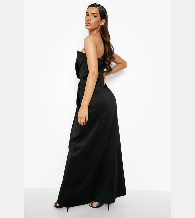black bridesmaid dresses boohoo Black Bridesmaid Satin Strappy Asymmetric Maxi Dress