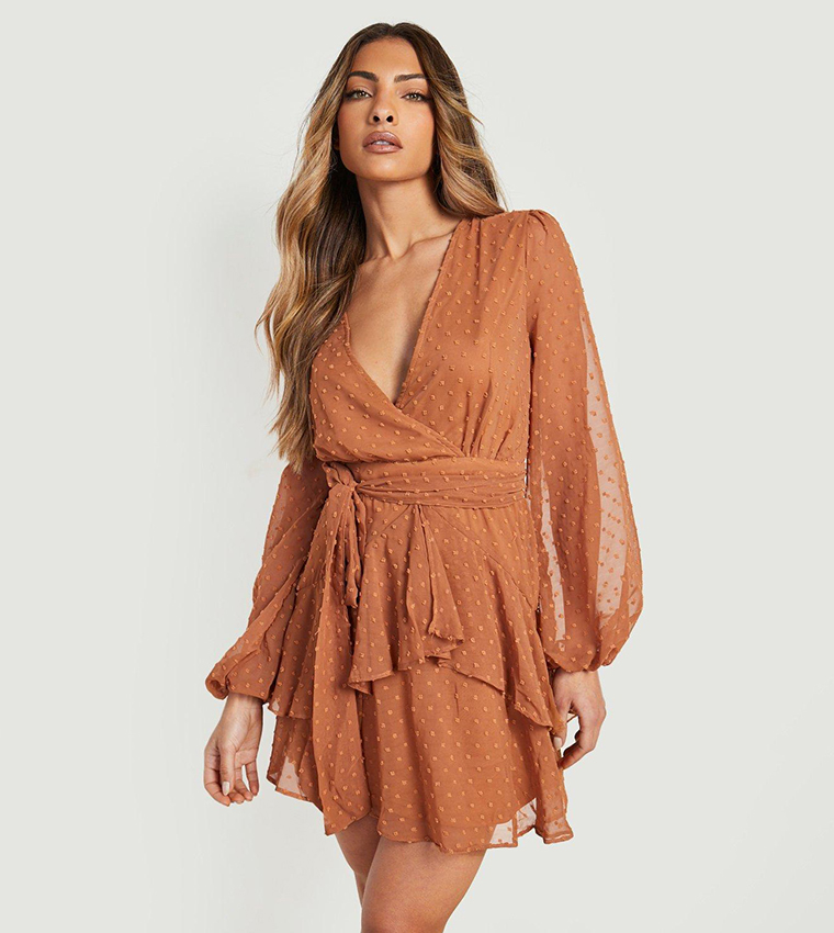 ruffle hem dobby chiffon mini dress Buy Boohoo Ruffle Hem Dobby Chiffon Mini Dress In Beige