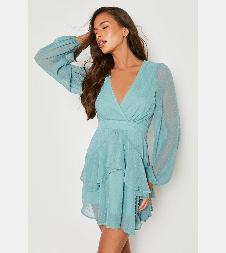 Buy Boohoo Ruffle Hem Dobby Chiffon Mini Dress In Green | 6thStreet Qatar