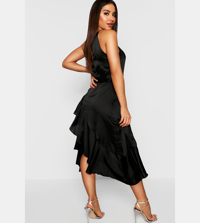 Satin frill clearance wrap midi dress