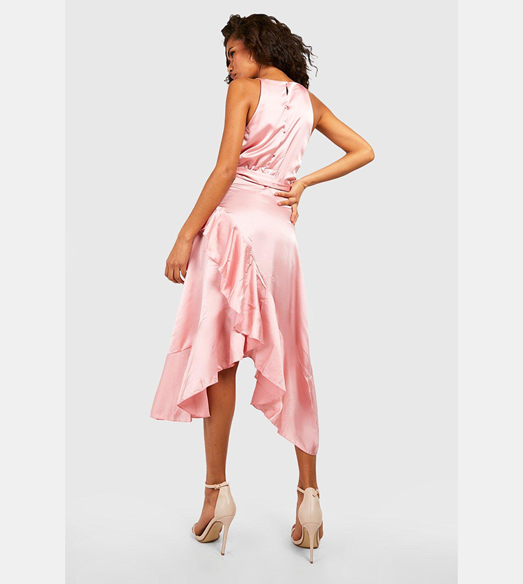 Buy Boohoo Satin Frill Wrap Midi Dress In Pink