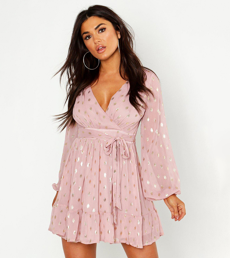 boohoo pink polka dot dress Tall Polka Dot Chiffon Scarf Detail Mini Dress