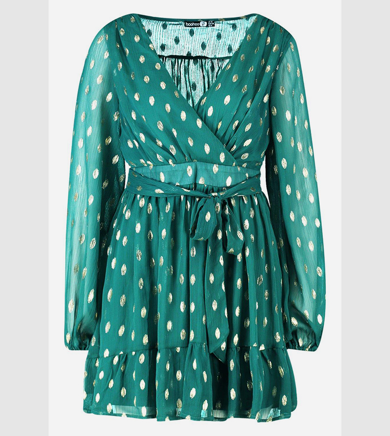 Buy Boohoo Wrap Front Metallic Polka Dot Skater Party Dress In Green |  6thStreet Qatar