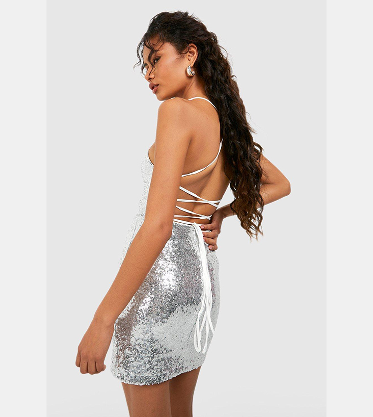 Buy Boohoo Sequin Strappy Back Bodycon Party Dress In Grey 6thStreet Bahrain