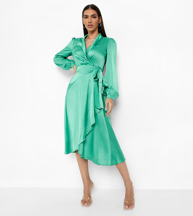 satin wrap detail midi skater dress Coast Women's Satin Fringe Hem Wrap Waist Midi Dress in Rust