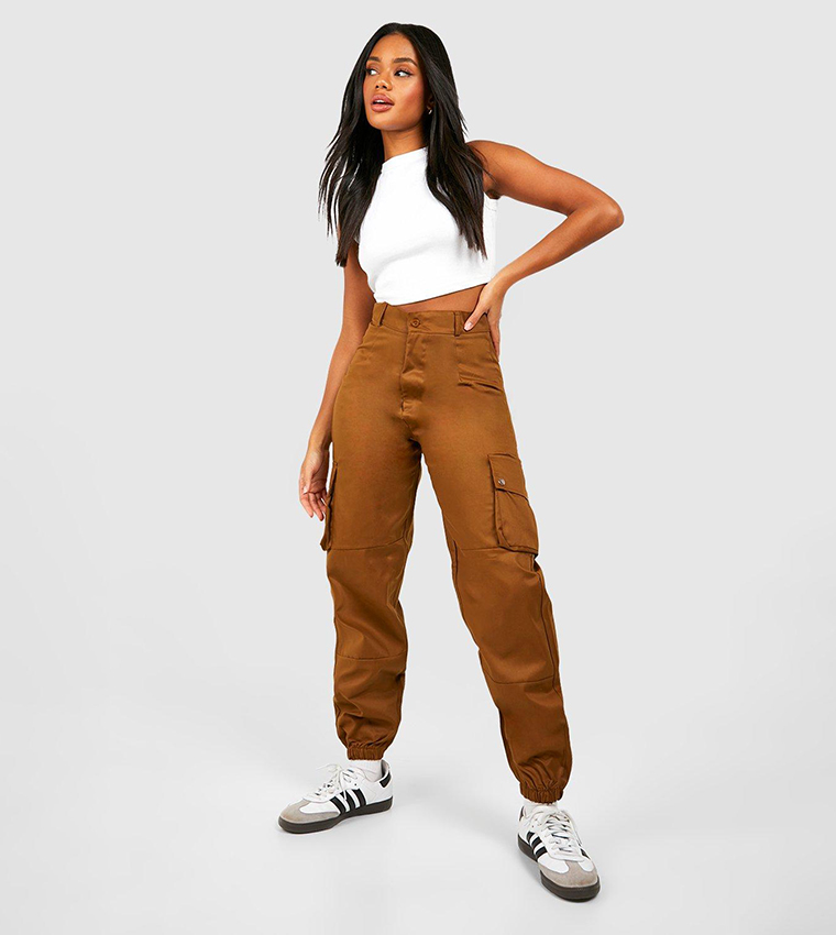 Buy Boohoo High Waist Casual Woven Cargo Pants In TOBACCO