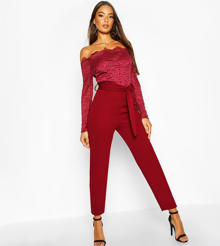 Buy Boohoo Off The Shoulder Lace In Jumpsuit In Red
