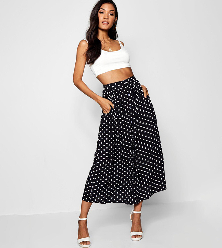 Buy Boohoo Polka Dot Button Through Midi Skirt In Black