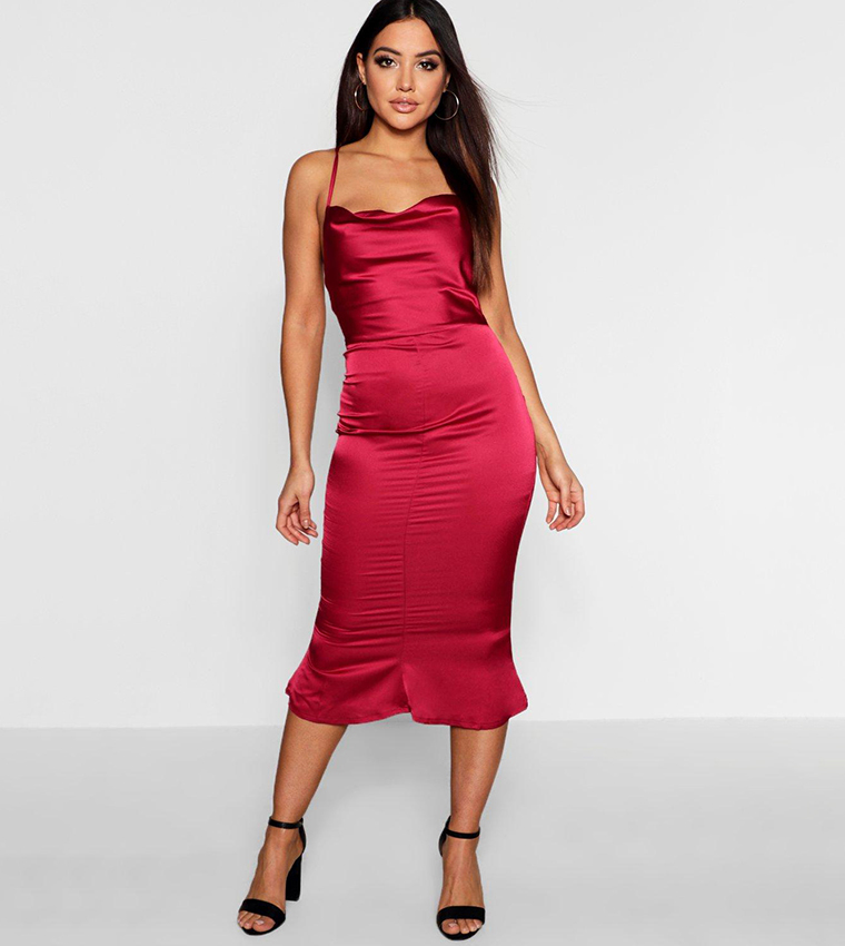 Buy Boohoo Satin Cowl Neck Lace Up Fish Tail Midi Dress In Red | 6thstreet  Oman