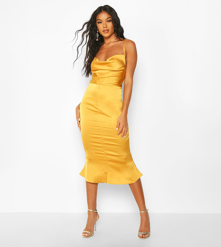 Satin Cowl Neck Lace Up Fish Tail Midi Dress