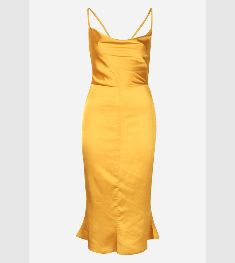Satin Cowl Neck Lace Up Fish Tail Midi Dress