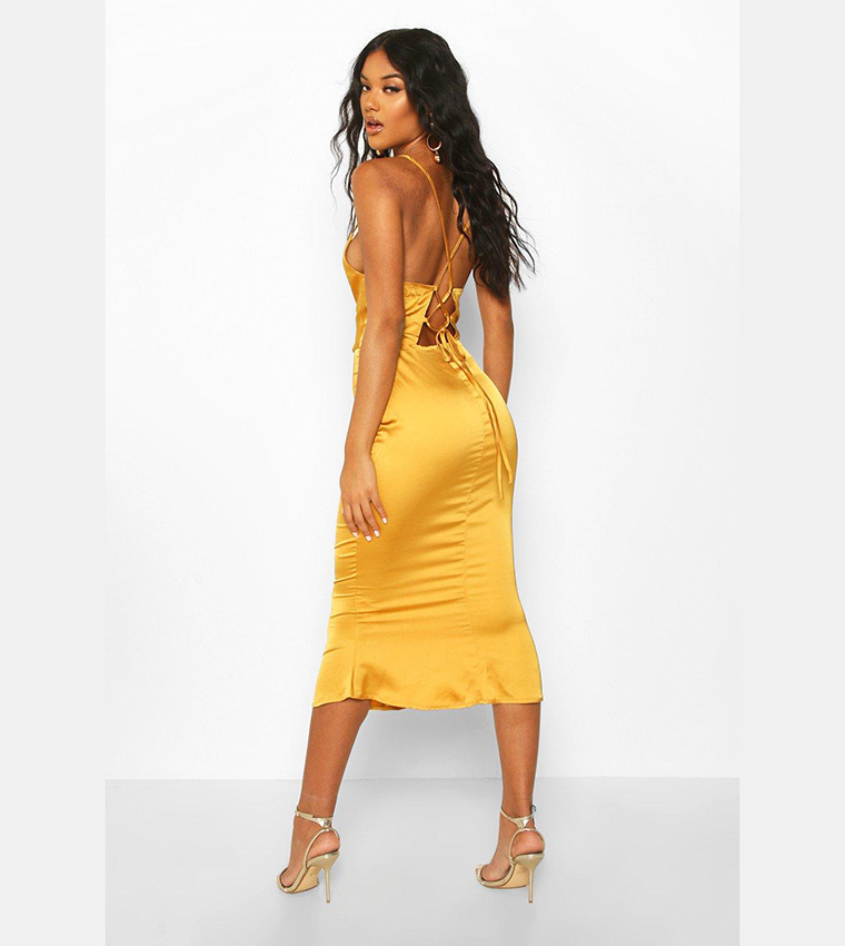 Satin Cowl Neck Lace Up Fish Tail Midi Dress