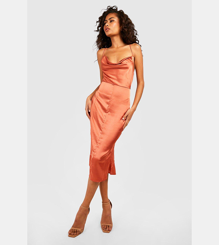 knee length dresses for ladies Black Satin Midi Dress With Cowl Neck main image 1