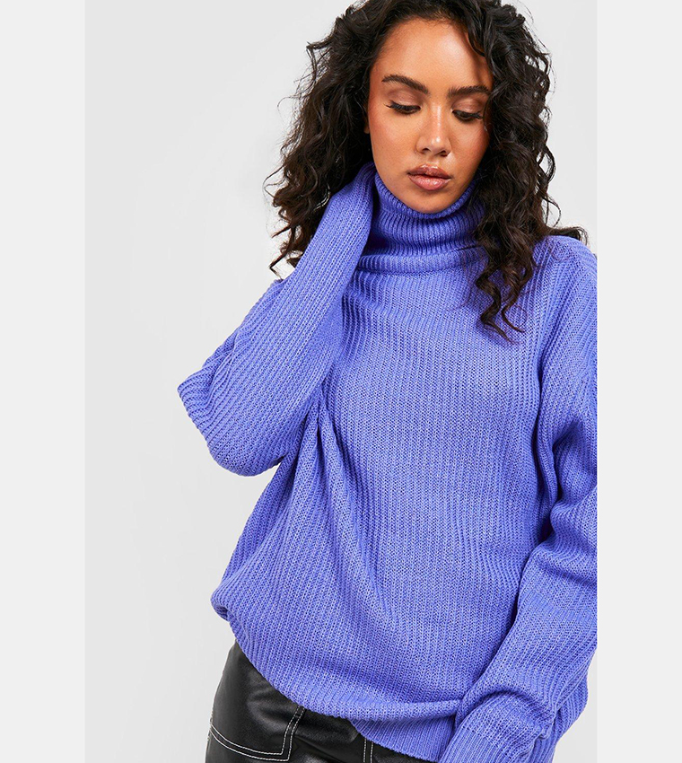 Buy Boohoo Oversized Roll Neck Ribbed Knitted Sweater In Purple ...