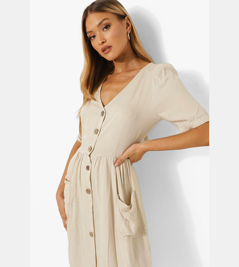 Button front pocket detail midi dress hotsell