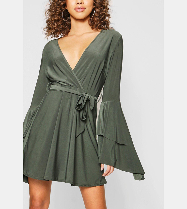 Buy Boohoo Plunge Neck Flared Sleeves Skater Dress In Khaki | 6thstreet  Kuwait