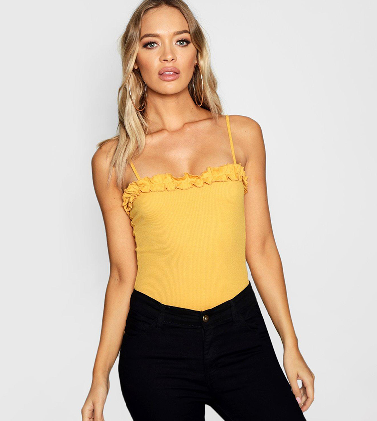 Buy Boohoo Strappy Ruffle Square Neck Bodysuit Top In Yellow