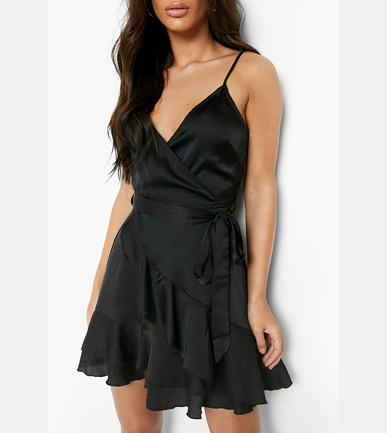 Black satin fashion frill dress