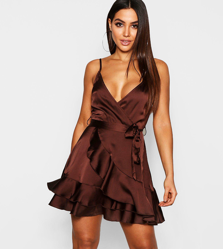 Buy Boohoo Satin Frill Skirt Wrap Skater Dress In Brown | 6thStreet Kuwait Buy Boohoo Satin Frill Skirt Wrap Skater Dress In Brown | 6thStreet Kuwait