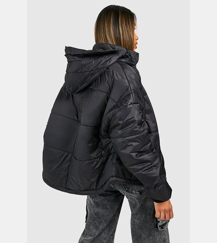 Black oversized hooded puffer jacket sale