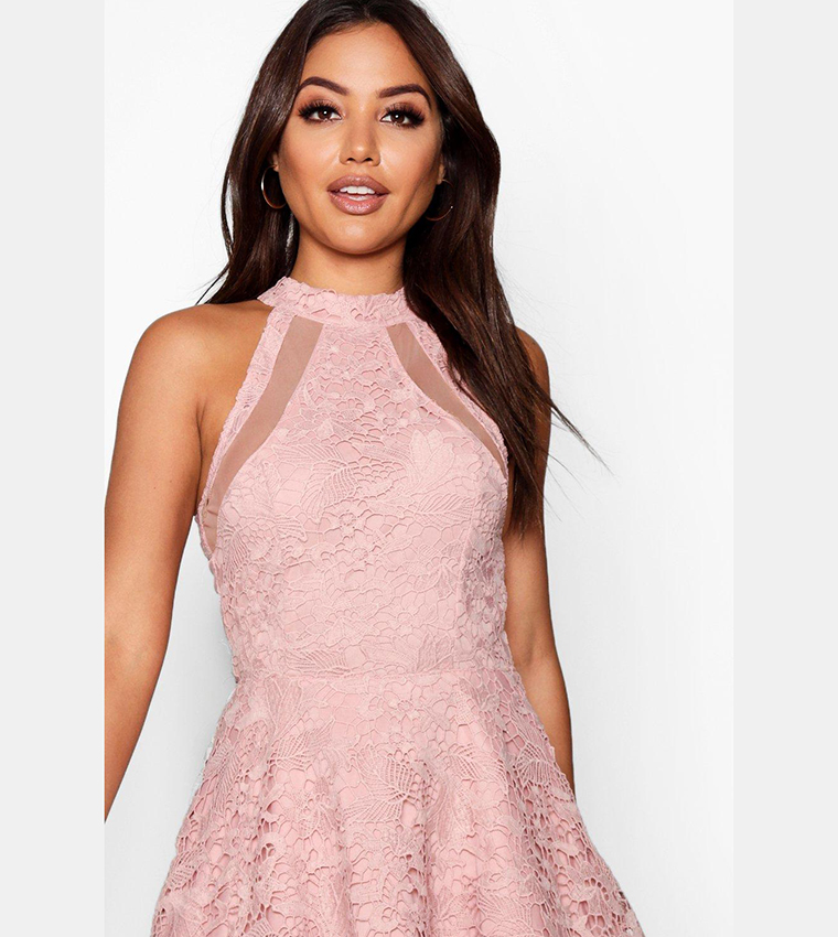 Boohoo lace high 2024 neck skater dress