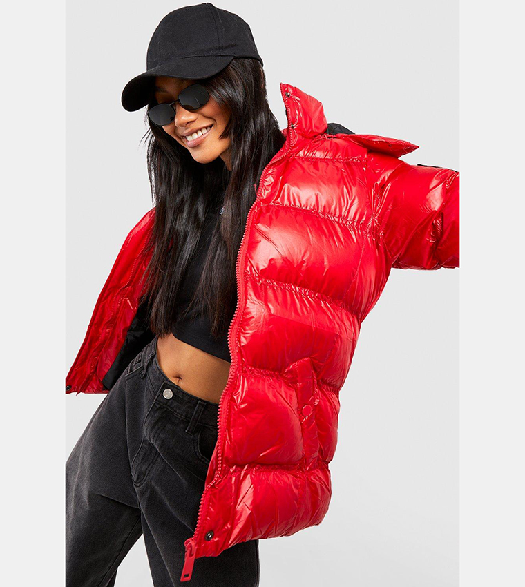 Red padded puffer on sale jacket