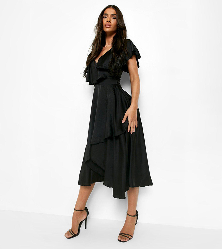 Buy Boohoo Satin Ruffle Wrap Detail Skater Dress In Black