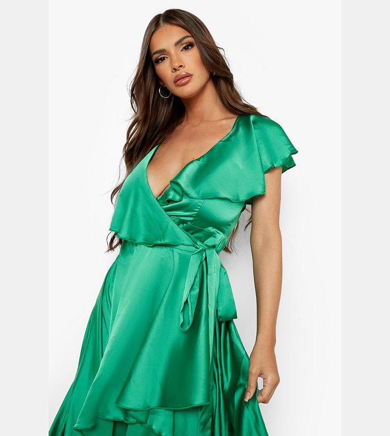 Satin Ruffle Wrap Detail Skater Dress