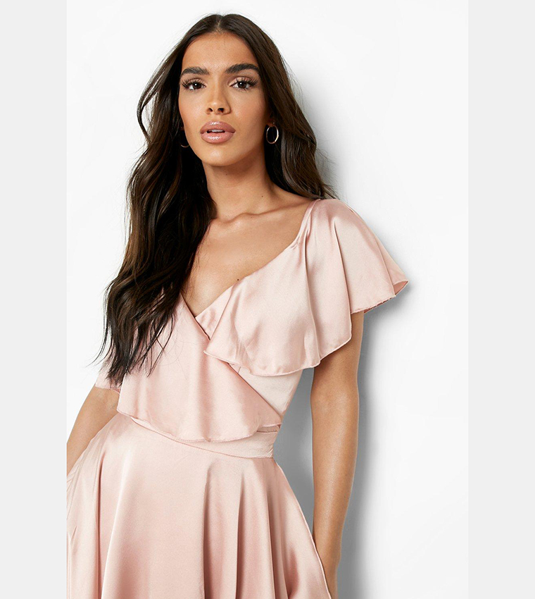 Buy Boohoo Outlet Satin Ruffle Wrap Detail Skater Dress In Pink 6thStreet Saudi Arabia