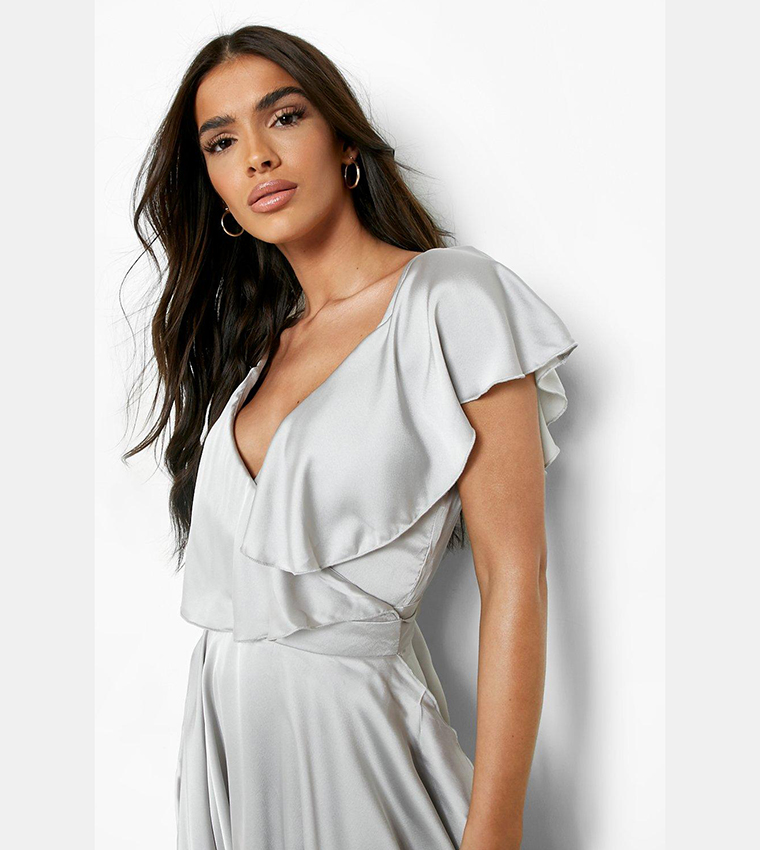 Buy Boohoo Satin Ruffle Wrap Detail Skater Dress In Grey