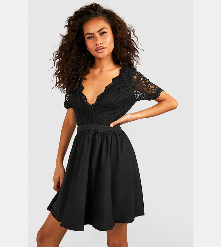 Boohoo lace top cheap chiffon skater dress