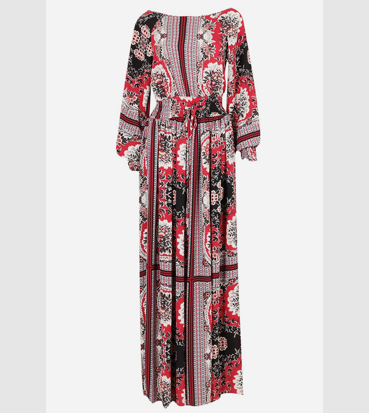 Shirred waist scarf 2025 print maxi dress