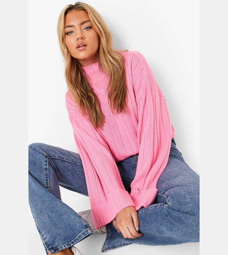 Buy Boohoo Maxi Wide Sleeves Wide Ribbed Sweater In Pink - Main Image